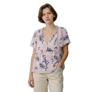 Shoshanna XS Blush Pink Floral Chiffon Ruffle V Neck Short Sleeve Blouse NWT